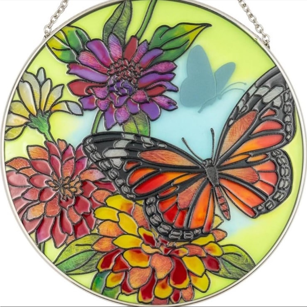Vibrant Butterfly and Floral Stained Glass Art Suncatcher